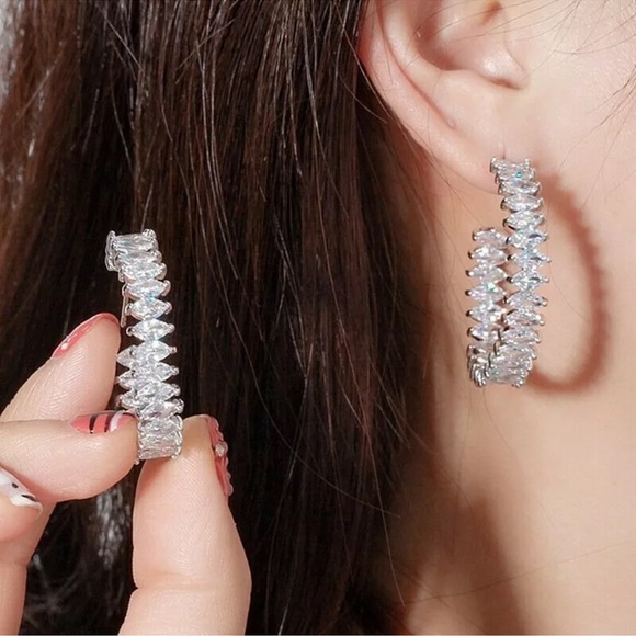 Marquise Diamond Simulated, Huggie, Large Hoop Earrings luxury Glam earrings - Picture 2 of 5
